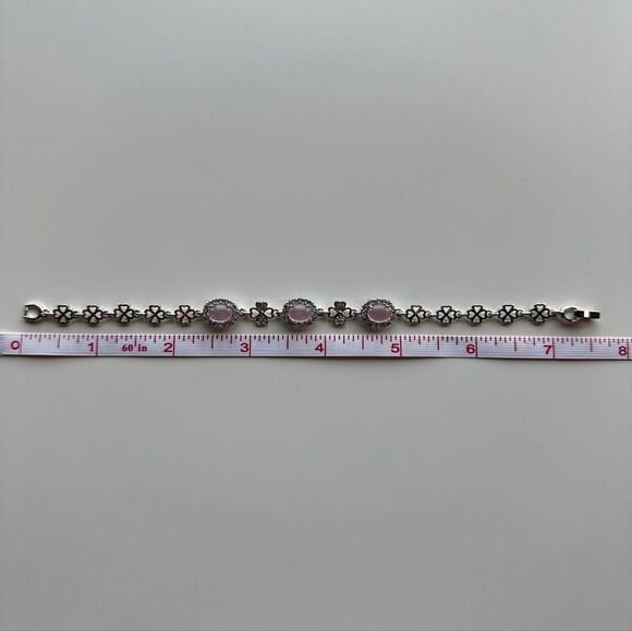 NEW - White Gold Plated 7.5" Bracelet w/ Pink Crystal CZ & Pave Clove Flower - Picture 6 of 10